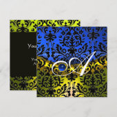 イエロー ブルー サファイア ブラック ダマスク モノグラム 招待状 (正面/裏面)