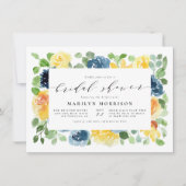 イエロー & ブルー 水彩 花 イラスト 結婚前パーティー 招待状 (正面)