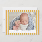 イエロー&ベージュファームハウスリネンストライプズ写真誕生 案内状 (正面)