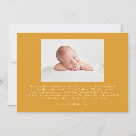 イエロー&ベージュファームハウスリネンストライプズ写真誕生 案内状 (裏面)