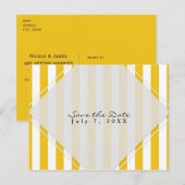 イエロー＆ホワイトのストライプ モダンチックなSave the Date 案内ポストカード (正面/裏面)