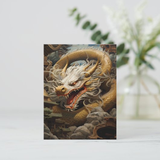 イエロー&ホワイトイースタンドラゴンイラストレーション ポストカード (スタンド正面)