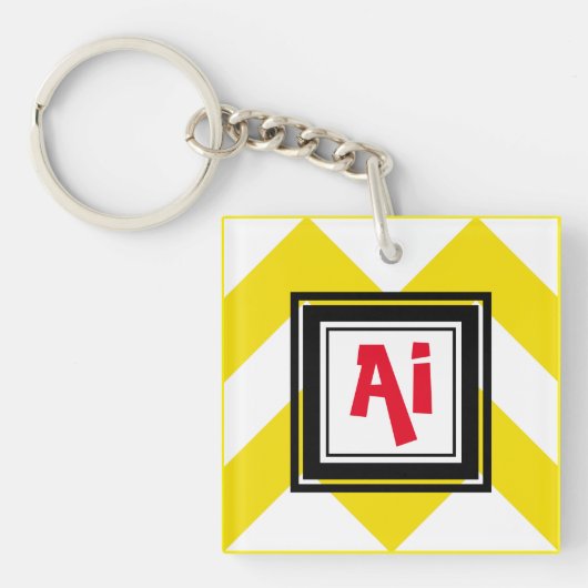 イエロー&ホワイトシェブロンカスタムレッドモノグラム キーホルダー (正面)