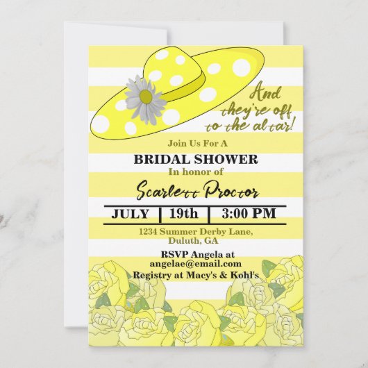 イエロー&ホワイトストライプケンタッキーダービーブライダルシャワー 招待状 (正面)