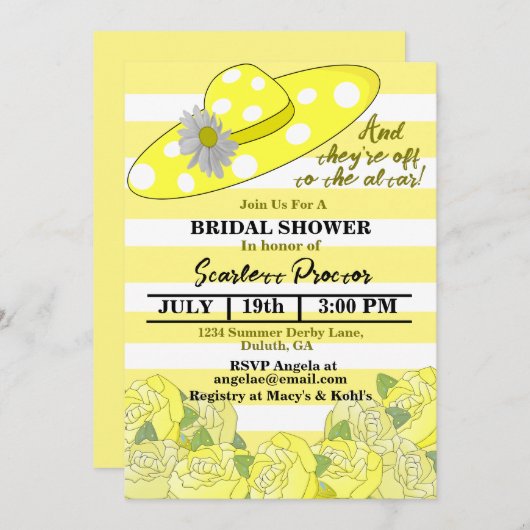 イエロー&ホワイトストライプケンタッキーダービーブライダルシャワー 招待状 (正面/裏面)