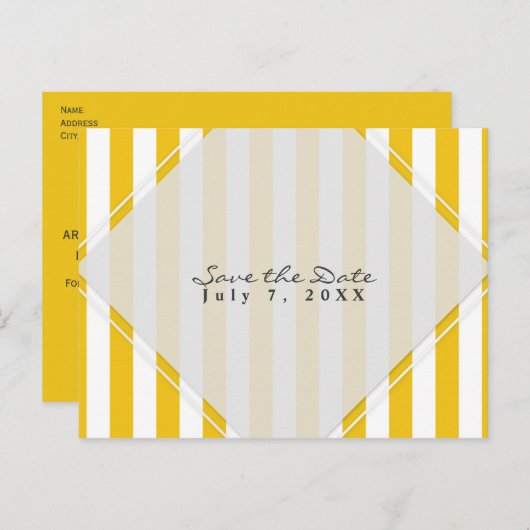 イエロー&ホワイトストライプズモダンシック日付を保存 案内ポストカード (正面/裏面)