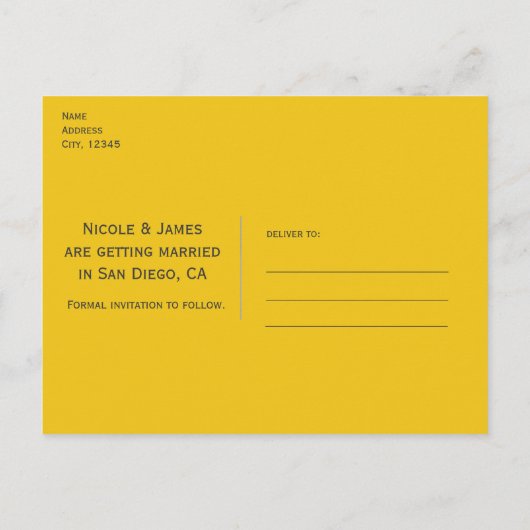 イエロー&ホワイトストライプズモダンシック日付を保存 案内ポストカード (裏面)