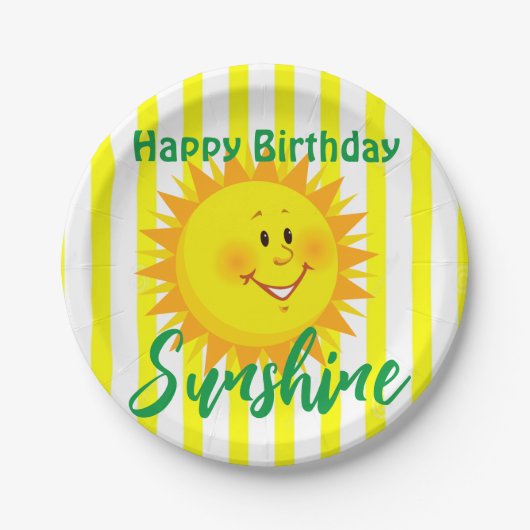 イエロー&ホワイトストライプハッピーバースデー紙プレート ペーパープレート (正面)