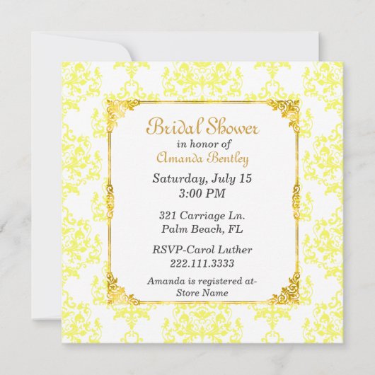 イエロー&ホワイトダマスクブライダルシャワー招待 招待状 (正面)