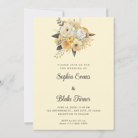イエロー&ホワイトフラワーブーケ イエローの結婚式 招待状 (正面)