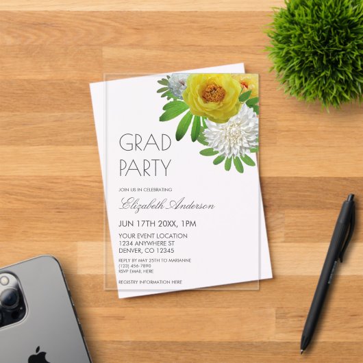 イエロー&ホワイトフローラ卒業パーティー アクリル招待状 (インサイチュ (招待状))