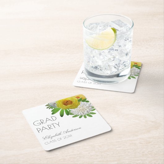 イエロー&ホワイトフローラ卒業パーティー スクエアペーパーコースター (インサイチュ)