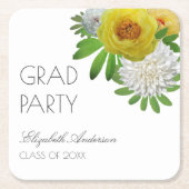 イエロー&ホワイトフローラ卒業パーティー スクエアペーパーコースター (正面)
