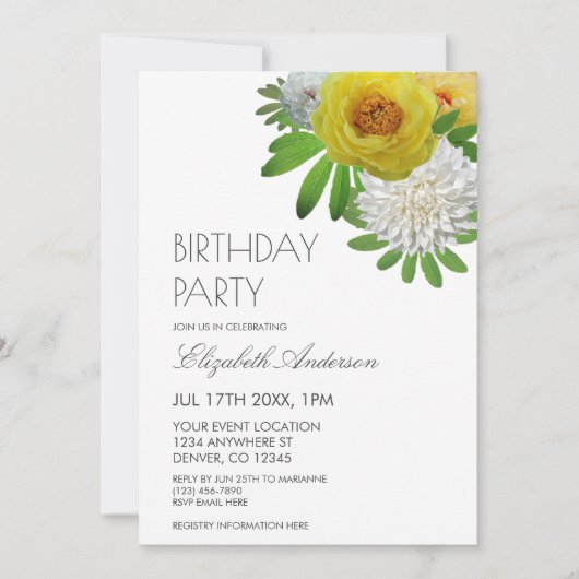 イエロー&ホワイトフローラ誕生日パーティー 招待状 (正面)