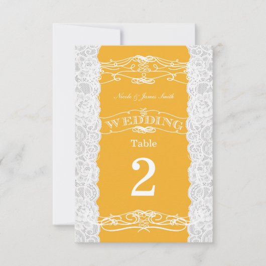 イエロー＆ホワイトレースのウェディングテーブルナンバーカード 招待状 (正面)