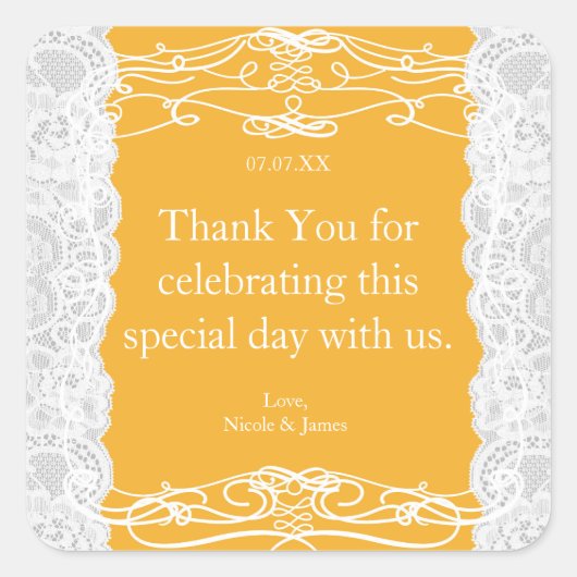 イエロー&ホワイトレースエレガントなウェディングフライトシール スクエアシール (正面)