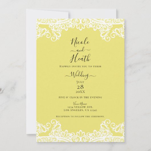 イエロー&ホワイトレースエレガントな結婚式 招待状 (正面)