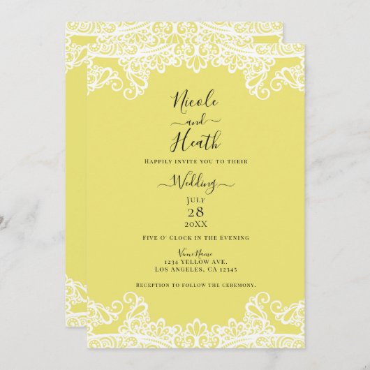イエロー&ホワイトレースエレガントな結婚式 招待状 (正面/裏面)