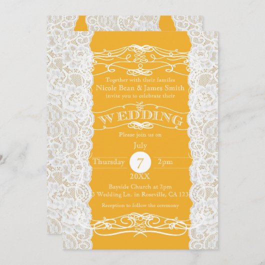 イエロー&ホワイトレースエレガントウェディング招待状 招待状 (正面/裏面)