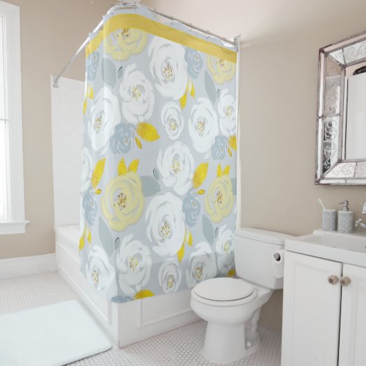 イエロー&ホワイトローズオングレー シャワーカーテン (インサイチュ)