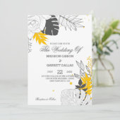 イエロー&ホワイト熱帯葉結婚式招待状 招待状 (スタンド正面)