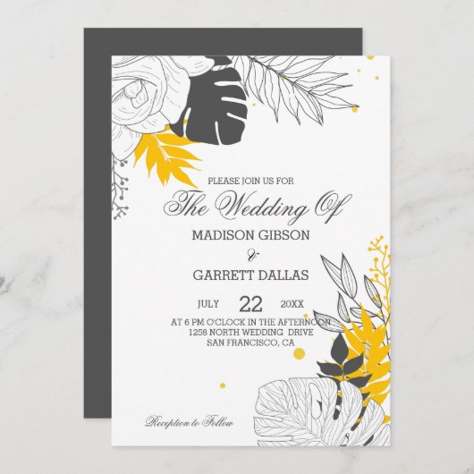 イエロー&ホワイト熱帯葉結婚式招待状 招待状 (正面/裏面)