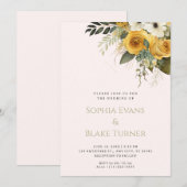 イエロー ホワイト アンド グリーン フローラル ブラッシュ ウェディング 招待状 (正面/裏面)