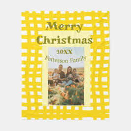 イエロー ホワイト プリント柄 レトロ クリスマス 冬の休日 ファミリー フリースブランケット