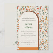 イエロー ラスト グルービー レトロ アーチ フラワーブライダルシャワー 招待状 (正面/裏面)