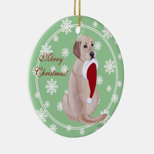 イエロー・ラブラドール・レトリーバーのクリスマスのサンタのパーソナライズな帽子 セラミックオーナメント (右)