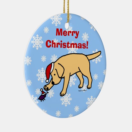 イエロー・ラブラドール・レトリーバーのクリスマスのサンタのパーソナライズな帽子 セラミックオーナメント (右)