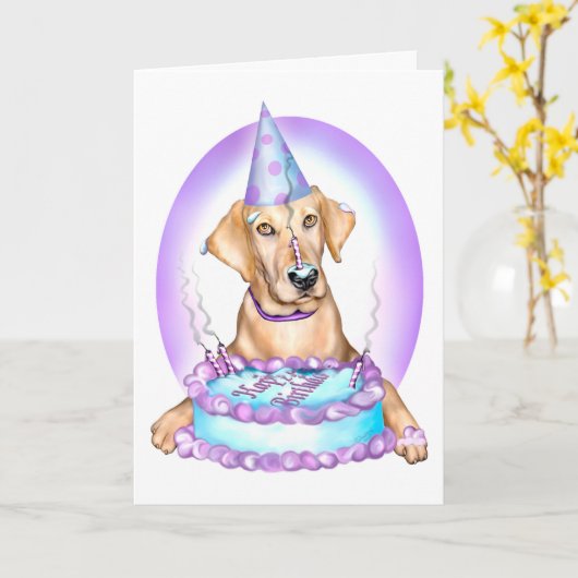 イエロー・ラブラドール・レトリーバーのケーキの顔の誕生日 カード (黄色い花)