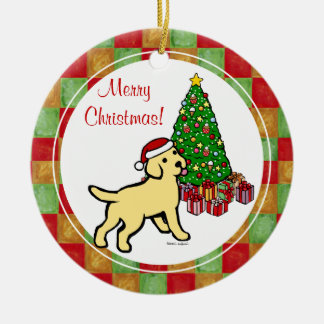 イエロー・ラブラドール・レトリーバーの子犬およびクリスマスツリー セラミックオーナメント