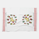 イエロー・ラブラドール・レトリーバーの子犬および赤いハート キッチンタオル (横)