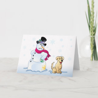 イエロー・ラブラドール・レトリーバーの子犬および雪だるま シーズンカード