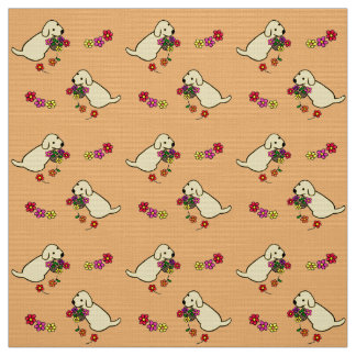 イエロー・ラブラドール・レトリーバーの子犬の花のバスケットの漫画 ファブリック