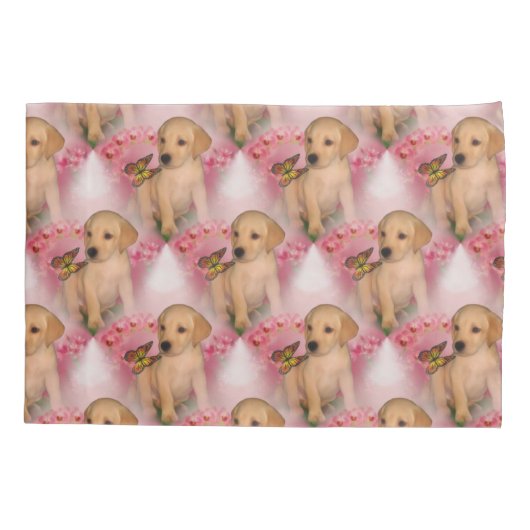 イエロー・ラブラドール・レトリーバーの子犬の蝶の動物の柄 枕カバー (裏面)