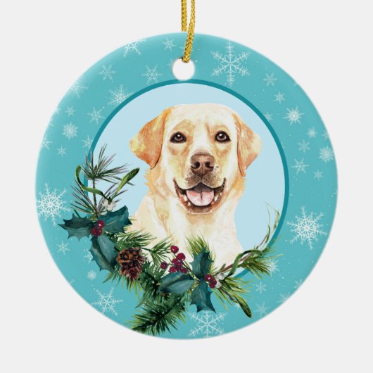イエロー・ラブラドール・レトリーバーエバーグリーンブルースノーフレーク セラミックオーナメント (正面)