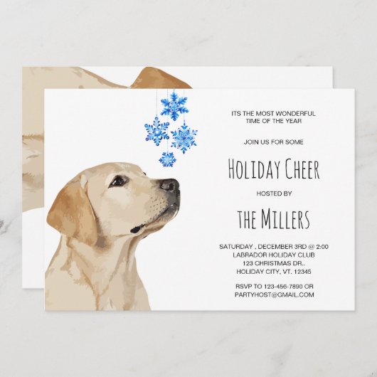 イエロー・ラブラドール・レトリーバークリスマススノーフレークかわいいラブラドール犬 招待状 (正面/裏面)