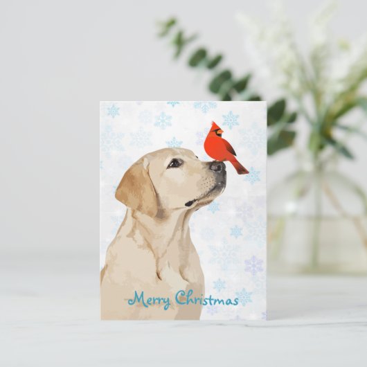 イエロー・ラブラドール・レトリーバークリスマス(鳥)ショウジョウコウカンチョウ – かわいいラブラド シーズンポストカード (スタンド正面)