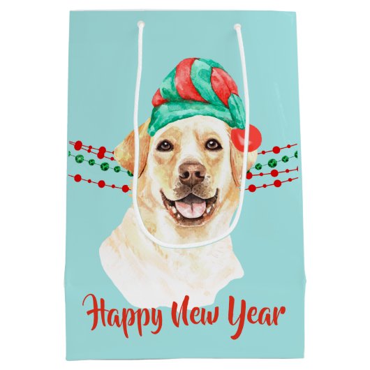 イエロー・ラブラドール・レトリーバーレトリエバーサンタハットホリデイビーズ ミディアムペーパーバッグ (裏面)
