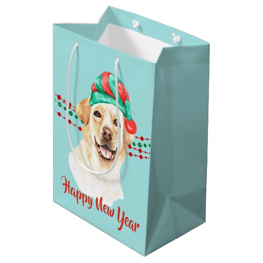 イエロー・ラブラドール・レトリーバーレトリエバーサンタハットホリデイビーズ ミディアムペーパーバッグ (裏面アングル)