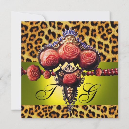 イエロー レッド コーラル ローズ, ヒョウ柄 モノグラム 招待状 (正面)