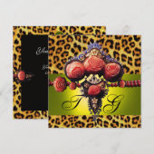 イエロー レッド コーラル ローズ, ヒョウ柄 モノグラム 招待状 (正面/裏面)