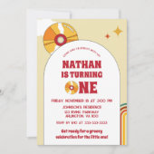 イエロー レトロ 1歳 バースデー グルーヴィー パーティー ビニール 招待状 (正面)