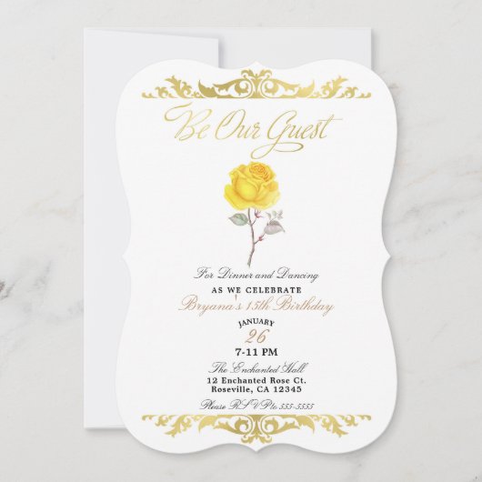 イエロー・ローズ＆エレガント・ゴールドの誕生日パーティー 招待状 (正面)