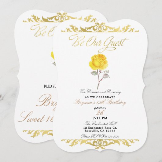 イエロー・ローズ＆エレガント・ゴールド・バースデー・パーティー 招待状 (正面/裏面)