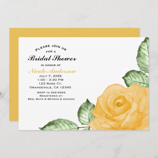 イエロー ローズ ブライダル シャワー エレガント パーティー 招待状 (正面/裏面)