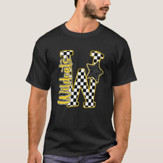 イエロー・ワイルドキャッツの市松模様プリントと星・ヒョウ柄のスクール Tシャツ