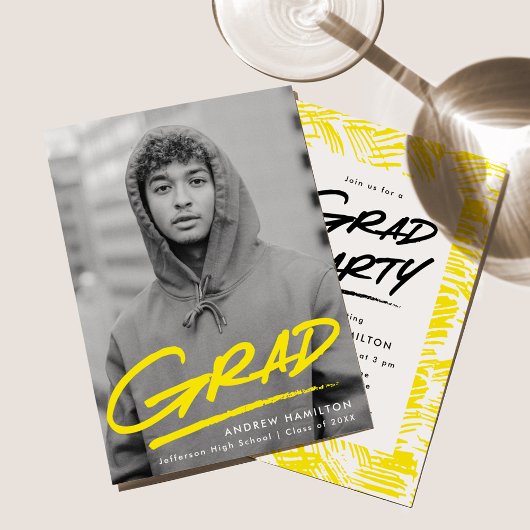 イエロー |写真卒業パーティー(Dashed Photo Graduation) 招待状